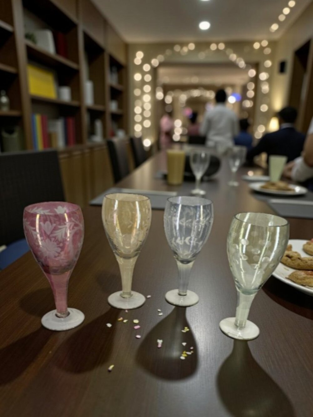 WINE GOBLETS -- Set of 4, Rose/Blue/Amber/Green, Vintage, Etched w/Indiv Designs